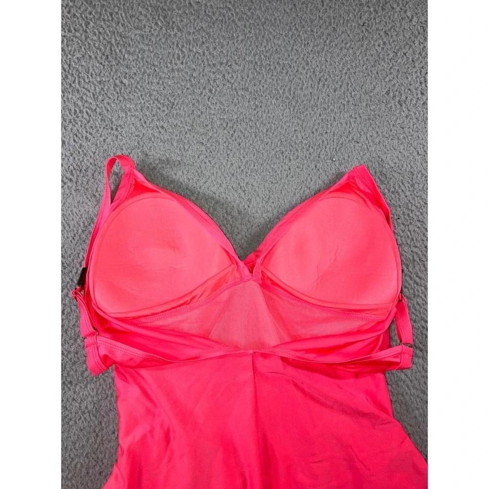 One Piece Swimsuit Women Large Neon Hot Pink Ruched V-Neck Twist Beach Poolside‎